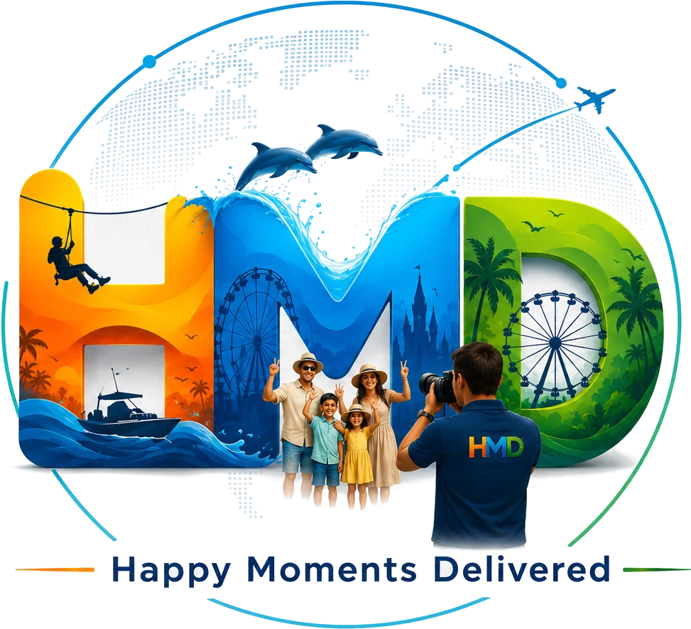 العمل الفني لعلامة HMD Attractions: الحروف H وM وD مرسومة على شكل مشاهد سياحية توضيحية، تضم زيبلاين وقاربًا ودلافين وعجلات دوّارة وأشجار نخيل.